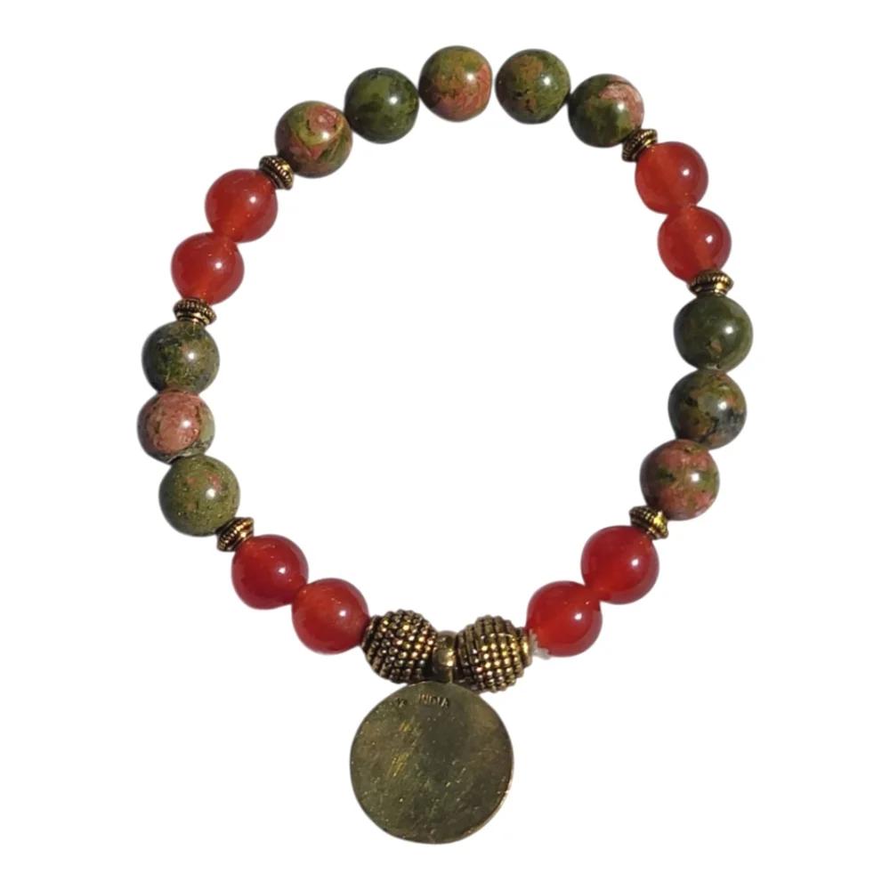 Striking Unakite Carnelian Bead Stretch Bracelet with Lotus Charm - Size 6.5